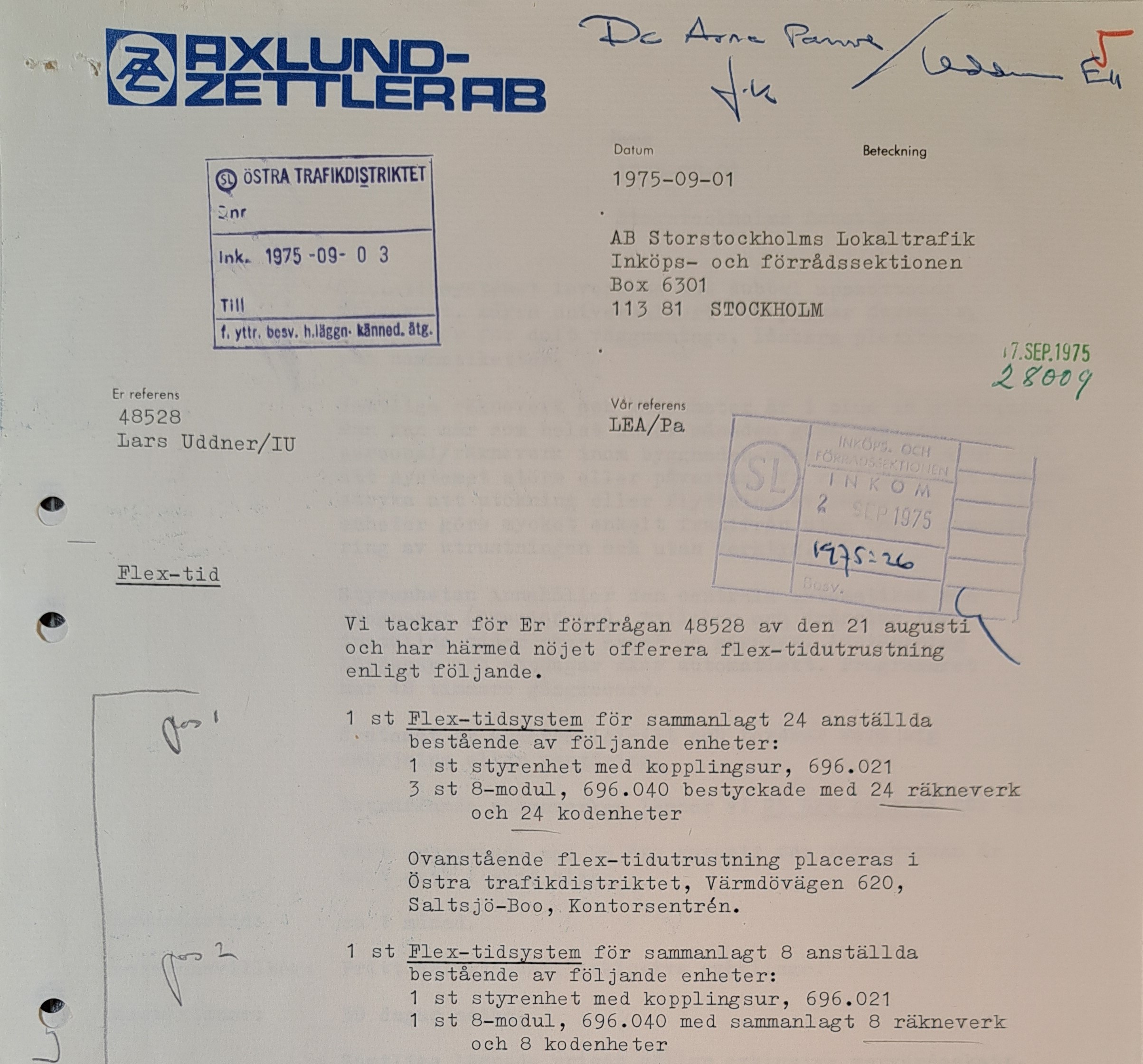 Offert på flex-tidsutrusning till AB Storstockholms Lokaltrafik 1975-09-01