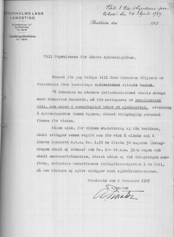 Bilaga till protokoll från Nynäshamns epidemisjukhus 1927-04-20